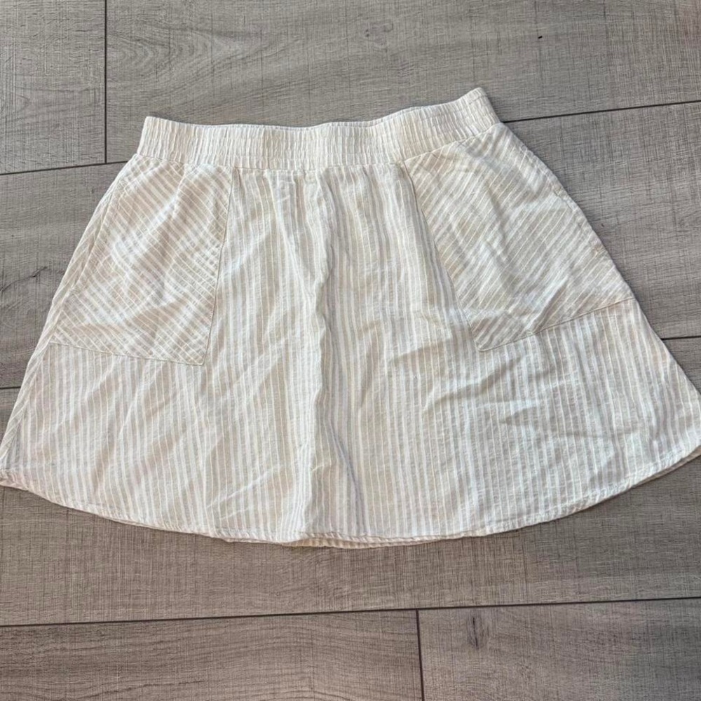 Linen Blend Mini Skirt Cream Elastic Waist Casual Summer Skirt